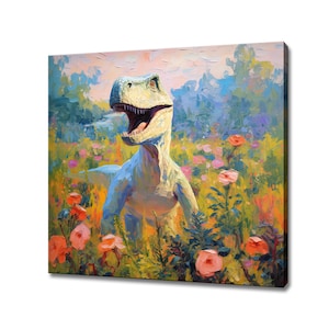 Impression sur toile animal dinosaure en fleurs, cadeau pour amateur de dinosaures, impression portrait coloré de dinosaure, art mural dinosaure