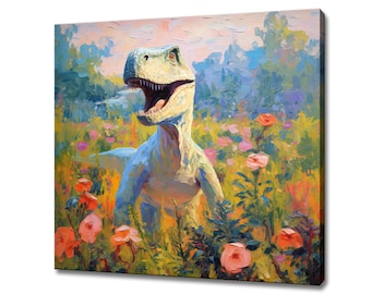 Dinosaur In Flowers Field Animal Canvas Print, Gift For Dinosaur  Lover, Colourful Dinosaur Portrait Painting Print, Dinosaur Wall Art