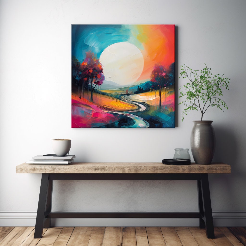 Colourful Abstract Moon Above the Country Road Landscape Painting Style ...