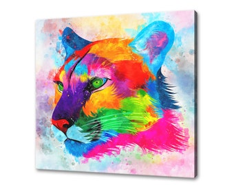 Colourful Watercolour Puma Cougar Abstract Animal Canvas Print Wall Art Picture Modern Design