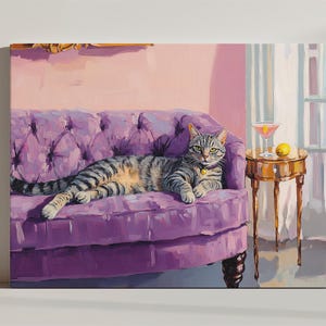 Tabby Cat With Pink Martini Canvas Print, Uroczy, Dziwaczny, Fantastyczny Wydruk Sztuki Pięknej, Prezent Dla Miłośnika Kotów, Retro Cocktail Art Bar Cart Wall Decor