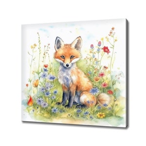 Cute Fox Sitting By The Wild Flowers Field, Pet Animal Wall Art, Modern Design Home Decor Canvas Print, Kids Nursery Wall Art