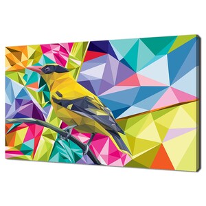 May include: A yellow and black bird with a long beak perched on a branch. The bird is surrounded by a colorful geometric pattern of pink, blue, green, and yellow.