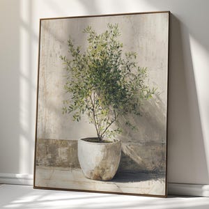 Op de afbeelding: Een ingelijste kunstdruk met een olijfboom in een pot met groene bladeren in een gestructureerde, gebroken witte keramische plantenbak. De achtergrond toont een verweerde muur in neutrale tinten met zachte schaduwen op het oppervlak.