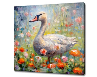 Goose Bird In Flowers Field Canvas Print, Gift For Goose Lover, Colourful Bird Portrait Painting Print, Bird Goose Wall Art