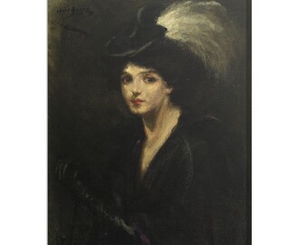 Mooie vrouw met hoed, vintage schilderij canvasafdruk, antieke vrouwelijke portret schone kunst, dame portret vintage print, antieke vrouw portret