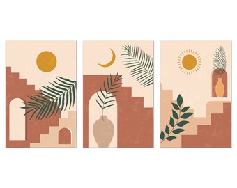 Abstract Boho Art, Neutral Botanical, Set Of 3 Panels Prints, Abstract Shapes Beige Terracotta Green Canvas Print Wall Art Picture