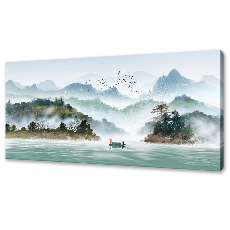 Traditional Ink Painting Style Chinese Mountains Panoramic Modern Design Home Decor Canvas Print Wall Art Picture image 1