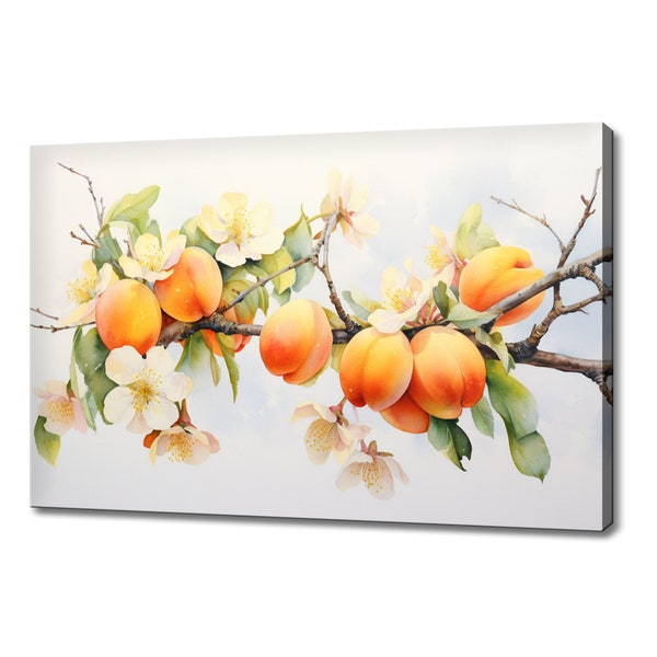 Apricot Fruits On Tree Branch Watercolour Canvas Print, Colourful Kitchen Wall Art, Fruit Canvas Print, Modern Kitchen Restaurant Wall Decor