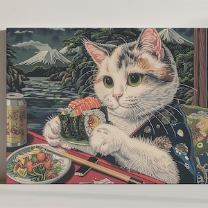Japoński kot jedzący sushi wydruk na płótnie, uroczy zabawny kot wydruk artystyczny, prezent dla miłośnika kotów, sztuka ścienna z kotem retro, fantazyjna dekoracja ścienna