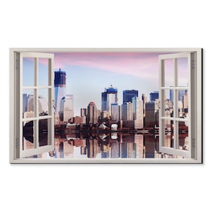 New York City Downtown Sunset Window View, Window Frame Style Modern Design Home Decor Canvas Print Wall Art Picture Ready To Hang