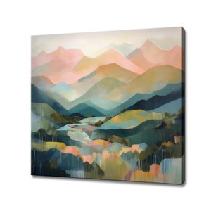 Abstract Pastel Coloured Mountains Landscape Painting Style Canvas Print, Large Wall Art Print, Neutral Nature Picture Wall Hanging