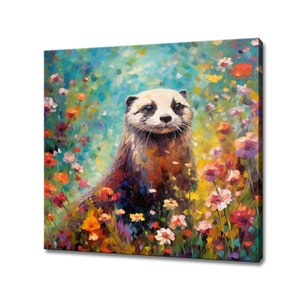 Stampa su tela con furetto carino in un campo di fiori colorati, regalo per gli amanti dei furetti, stampa di un dipinto di furetto colorato, arte murale per animali domestici con furetto