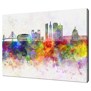 Pintura de acuarela del horizonte colorido de San Francisco, diseño moderno, decoración del hogar, impresión en lienzo, arte de pared, imagen para colgar en la pared