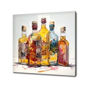 Colourful Alcoholic Drink Glass Bottles Watercolour Paint Canvas Print, Kitchen Modern Art, Home Restaurant Bar Decor Picture Wall Hanging