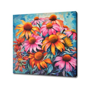 Pink Orange Bouquet Of Coneflower Flowers, Oil Painting Style Canvas Print Wall Art, Modern Floral Design Home Decor, Flowers Wall Art