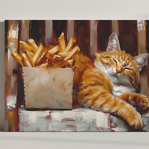 Ginger Cat And Box Of Chips Canvas Print, Cute Cat Fine Art Print, Gift For Cat Lover, Animal Pet Retro Cat Wall Art, Whimsical Wall Decor