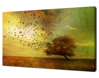 Grunge Fantasy Landscape Birds Flying Towards Lone Tree Modern Landscape Design Home Decor Canvas Print Wall Art Picture Wall Hanging