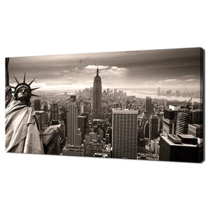 New York City Skyline Panorama Statue Of Liberty And Skyscrapers Brown Sepia Modern Design Home Decor Canvas Print Wall Art Picture