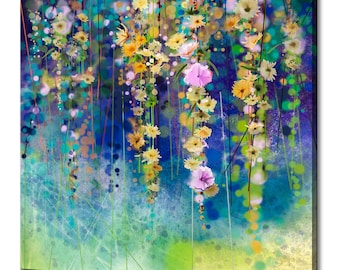 Beautiful Blue Yellow Flowers, Modern Floral Design Home Decor, Watercolour Painting Style Canvas Print Wall Art Picture Wall Hanging