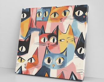 Colourful Cats Canvas Print, Cute Pet Lover Decor, Gift for Cat Lovers, Adorable Cat Canvas Wall Art, Feline Wall Art Home Decor
