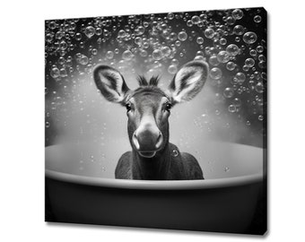 Cute Donkey In The Bath Tub, Canvas Art Print Kids Nursery Room Decor, Black White Animal Art, Funny Bathroom Print, Bathroom Animal Art