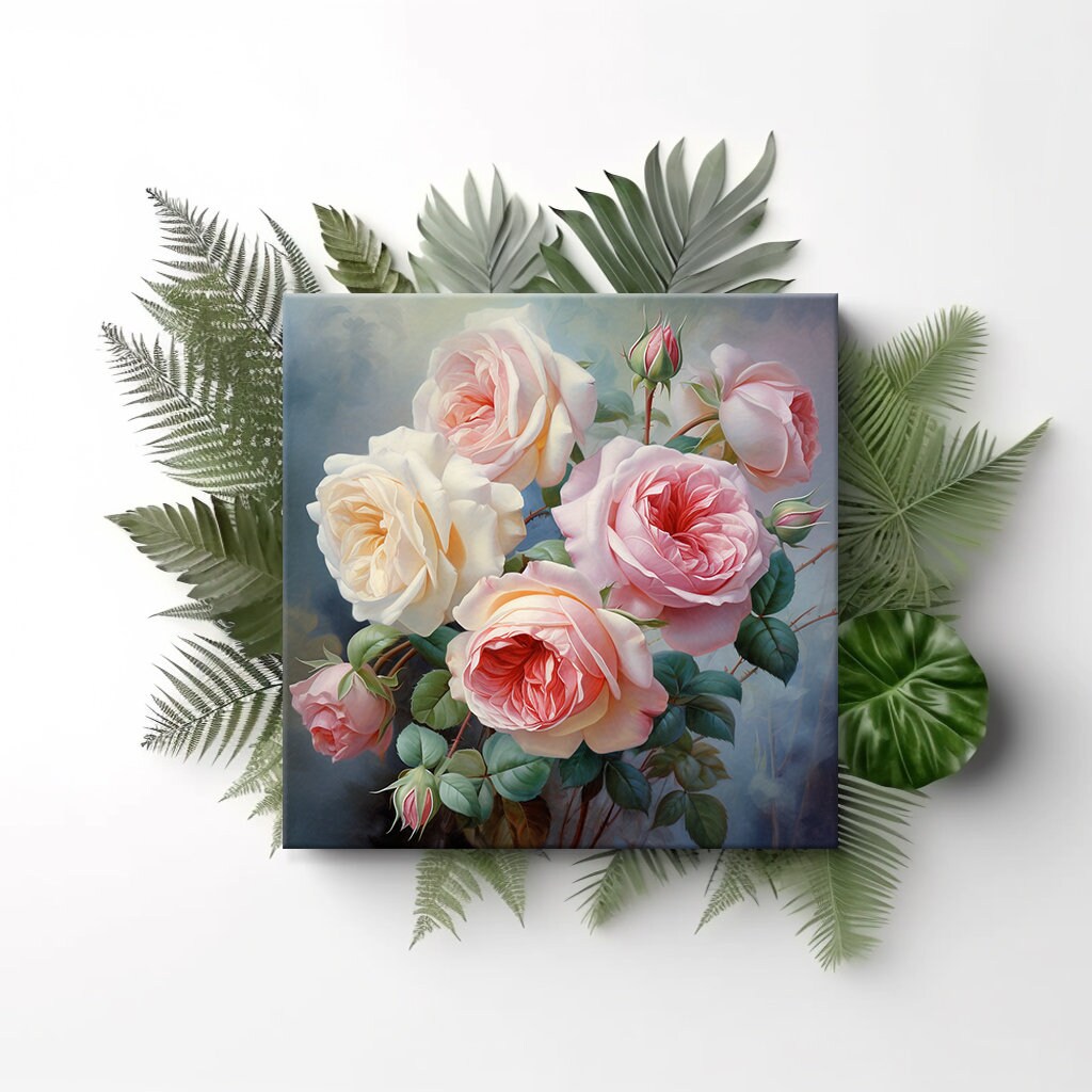 Pink White Rose Flowers Bouquet Canvas Print Wall Art, Modern Floral ...