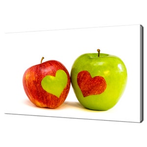 Red Green Apples Fruits Hearts, Two Lovers Apples Kitchen Modern Design Home Decor Canvas Print Wall Art Picture