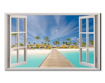 May include: A white window frame with two open windows revealing a view of a tropical beach with palm trees, turquoise water, and a wooden walkway leading to a small island.