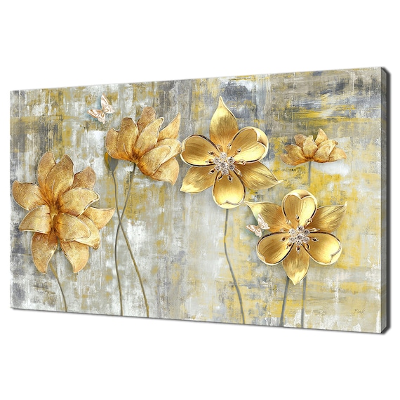 Stunning Golden Flowers Butterflies Abstract Floral Modern | Etsy