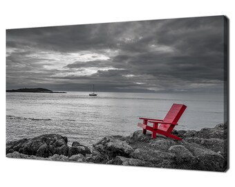 Red Beach Chair, Stormy Black And White Ocean, Sailboat Modern Design Home Decor Canvas Print Wall Art Wall Hanging