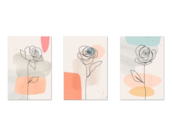 Abstract Boho Art, Neutral Botanical, Set Of 3 Prints, Roses Flowers Line Art, Boho Abstract Wall Art Prints, Canvas Print Wall Art