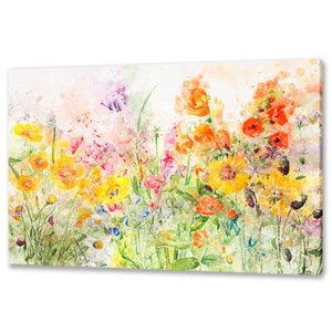 Colourful Spring Flowers Field Watercolour Painting Style Modern Floral Design Home Decor Canvas Print Wall Art Picture Ready To Hang