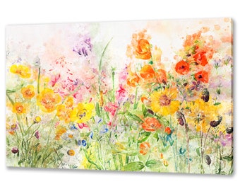 Colourful Spring Flowers Field Watercolour Painting Style Modern Floral Design Home Decor Canvas Print Wall Art Picture Ready To Hang