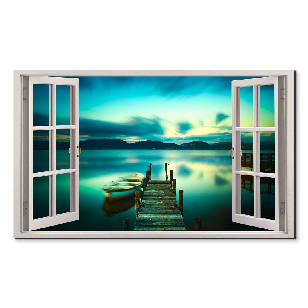 Window Pier Wooden Pier Boat on A Lake at Sunset Window View, Window Frame Style ...