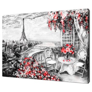 Beautiful Summer Cafe In Paris Red Flowers Bloom Modern Design Decor Canvas Print Wall Art Picture