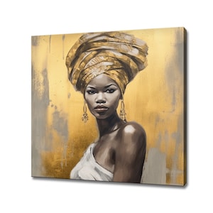 Beautiful African Woman With Traditional Turban Gold Brown Canvas Print, African Wall Art, Modern Wall Decor, Female Portrait Print