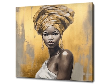 May include: A painting of a woman with dark skin wearing a gold head wrap and large gold earrings. The background is a gold and gray abstract design.