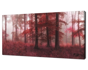 Op de afbeelding: Een panoramisch uitzicht op een mistig bos met rode bladeren en hoge bomen. De bosbodem is bedekt met gevallen bladeren, wat een levendig rood landschap creëert.