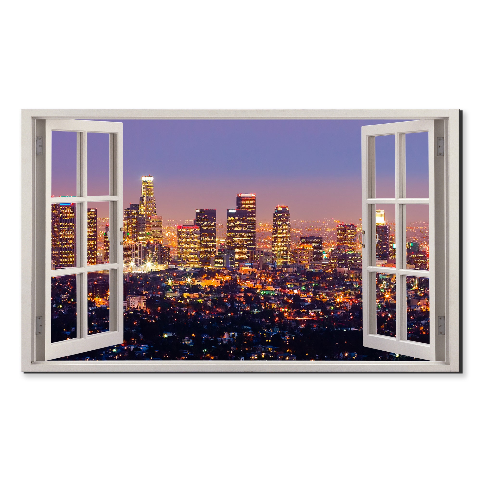 Man looking through window at cityscape stock photo - OFFSET