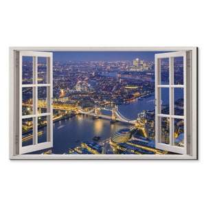 Luchtfoto blauwe skyline uitzicht op Londen raam, raamkozijnstijl modern design interieur canvas print muurkunst foto klaar om op te hangen