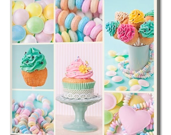 Pastel Coloured Cupcakes And Sweets Collage Kitchen Modern Design Home Decor Canvas Print Wall Art Picture