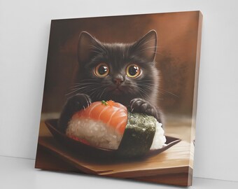 Cute Black Kitten Eating Sushi Canvas Print, Pet Lover Decor, Gift for Cat Lovers, Adorable Cat Canvas Wall Art, Feline Wall Art Home Decor
