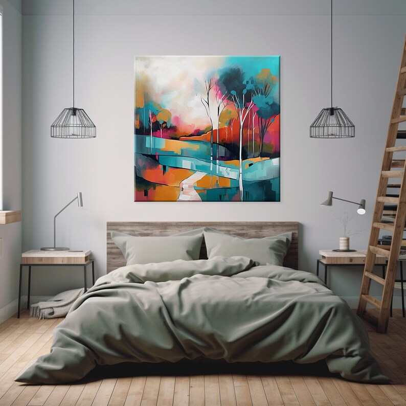 Expressionist Abstract Landscape Trees River Painting Style Canvas ...