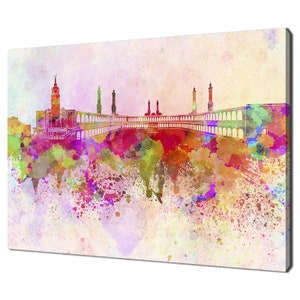 Pintura de acuarela con el horizonte colorido de La Meca, diseño moderno, decoración del hogar, impresión en lienzo, arte de pared, imagen para colgar en la pared