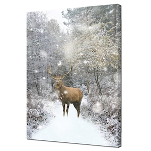 Beautiful Red Deer Stag In The Snowy Winter Forest Modern Canvas Print Wall Art Picture