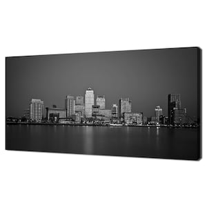 Black And White Panoramic View Of Canary Wharf, Financial District In London Modern Design Home Decor Canvas Print Wall Art Picture