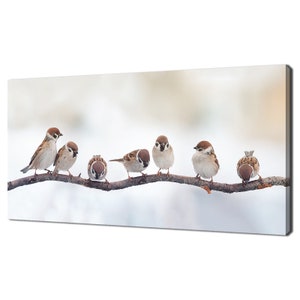 Sparrow Birds Sitting On A Tree Branch Modern Design Canvas Print Wall Art Picture