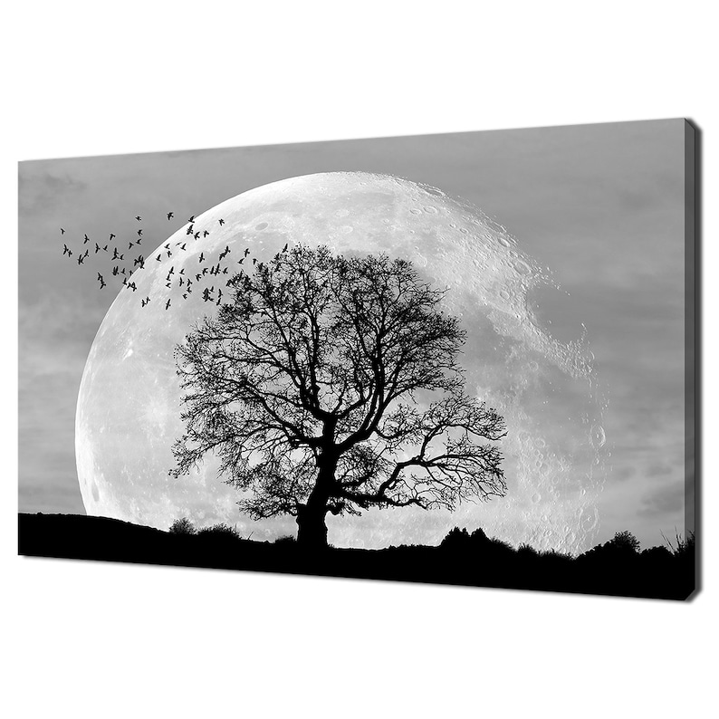 Black White Lone Tree With Moon At It Largest Modern Design Home Decor Canvas Print Wall Art Picture image 1