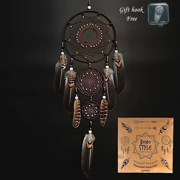 FREE SHIPPING! Boho Brown Feather Dream Catchers, Traditional Handmade Large Dreamcatcher, Chic Wall Hanging, Blessing Decor Ornament Gift